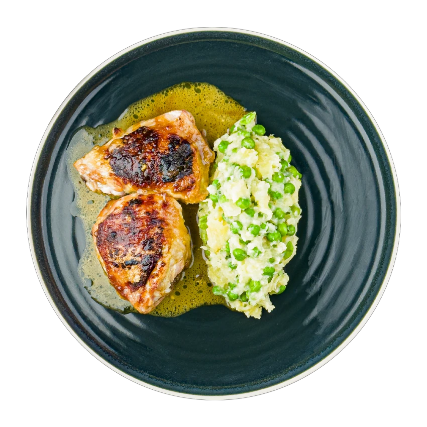 Chicken Thighs with Honey and Mustard with Pea Mash
