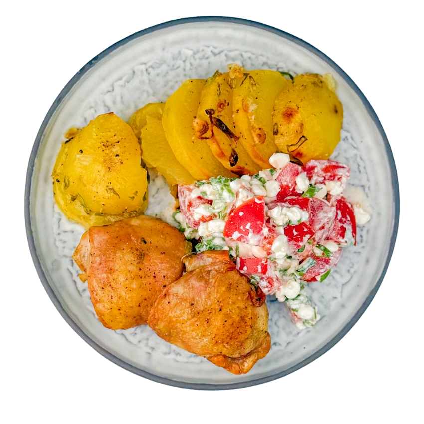Roasted Chicken with Potatoes and Cottage Cheese Salad