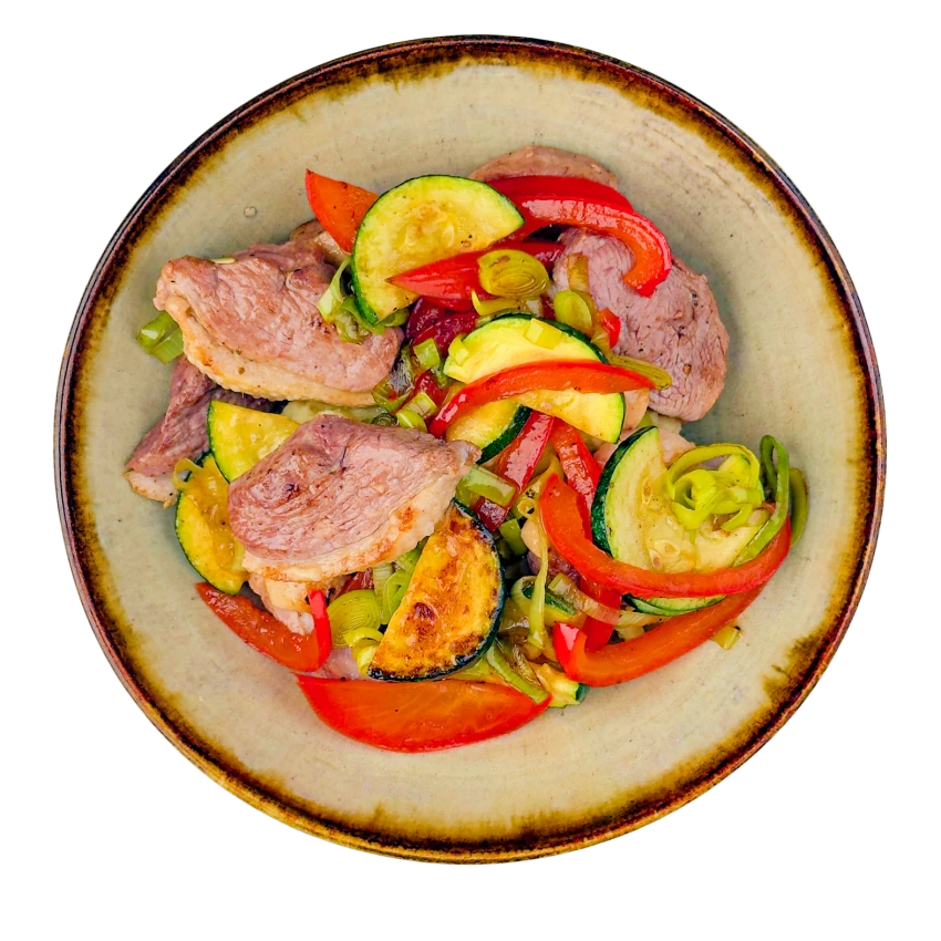 Duck Slices with Mashed Potatoes and Roasted Vegetables