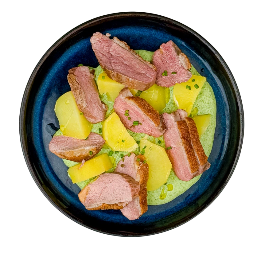 Duck Slices with Potatoes and Spinach Dip
